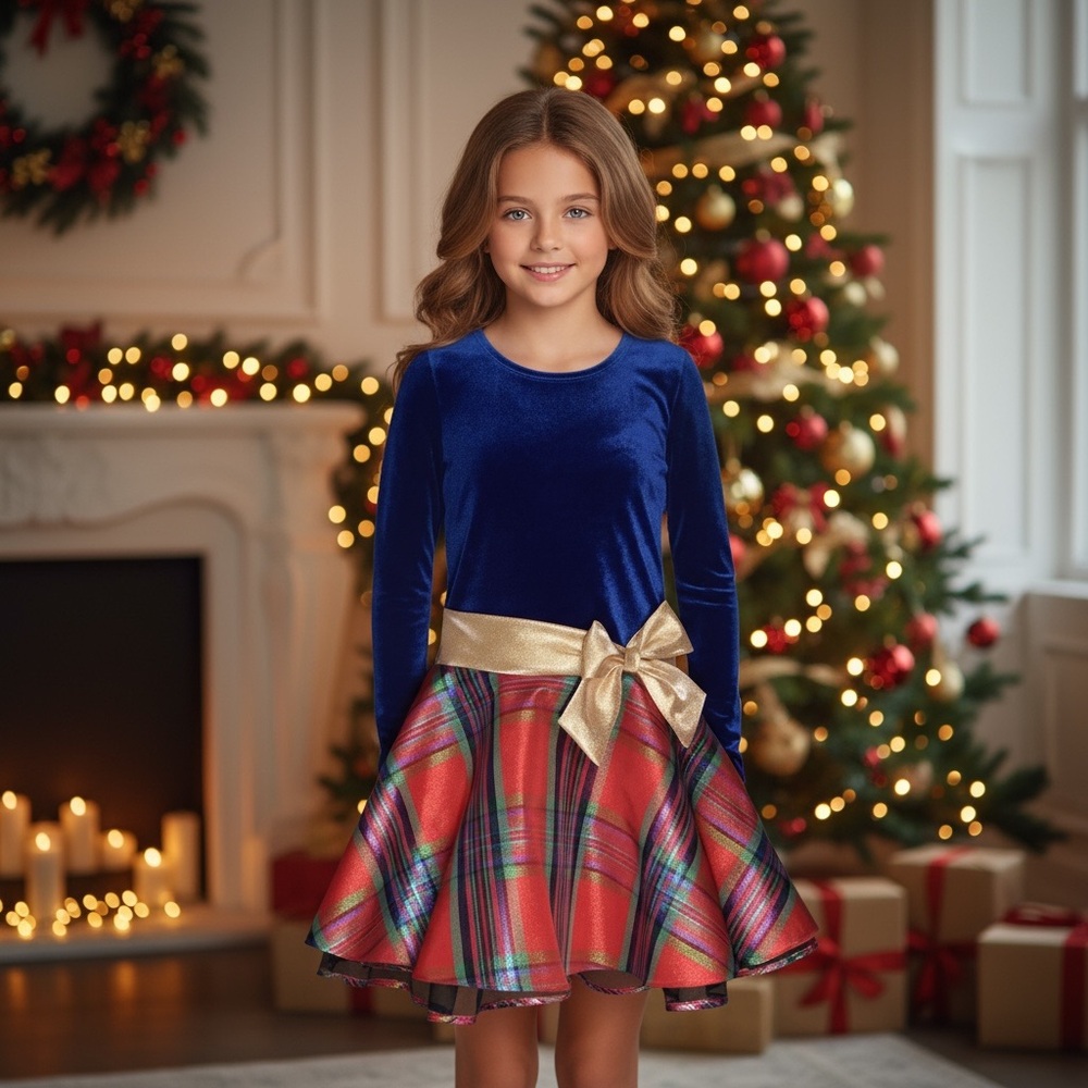 NWT Bonnie Jean Girls Long Sleeve with Velvet Bodice Dress Holiday Christmas